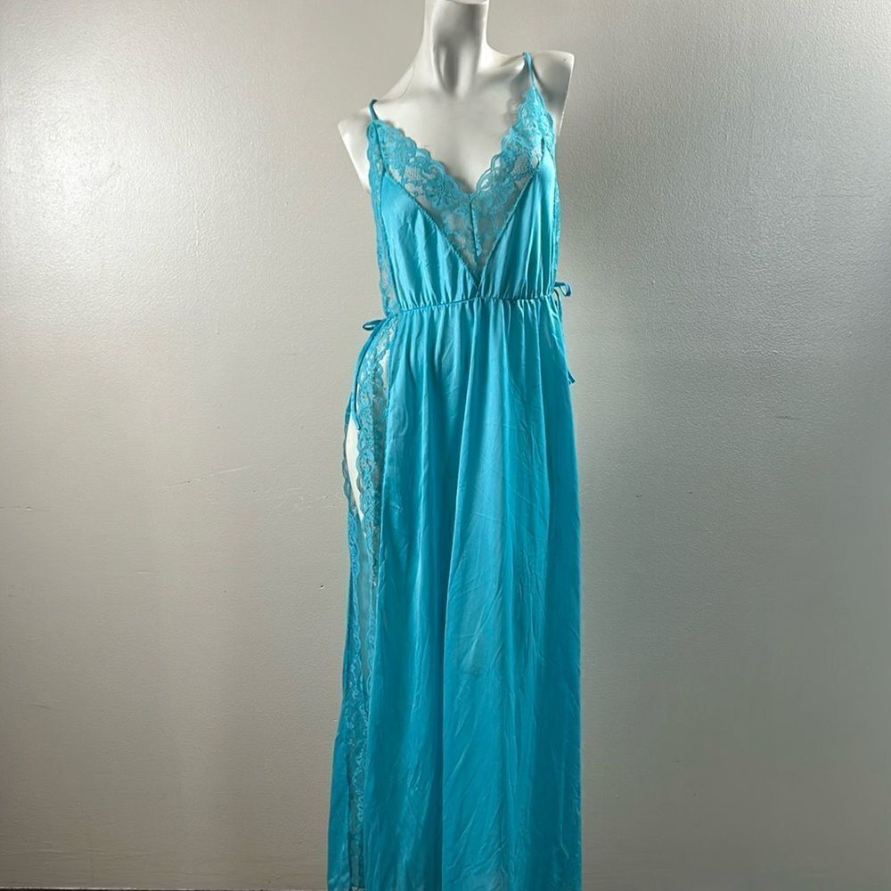 Vintage 60’s 70’s sexy Lace high split Nightgown PANDORA  large teal slip dress